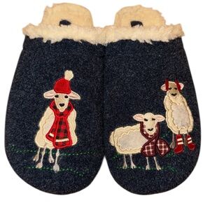 Lands’ End Shearling Lined Mule Slippers Sheep Lamb Embroidered Blue Size 8
